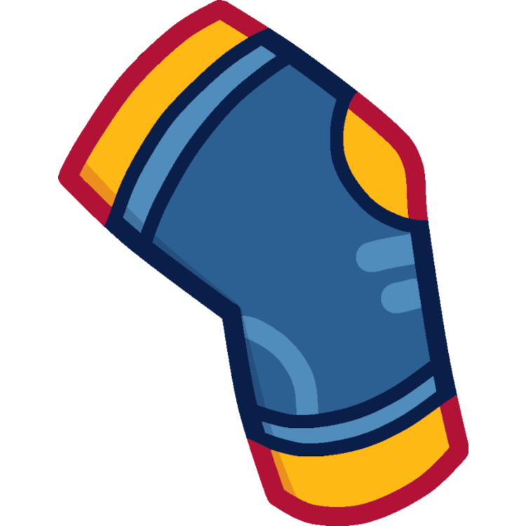 A cartoony drawing of a yellow person’s bent knee, wearing a blue compression sleeve with a hole for the kneecap.